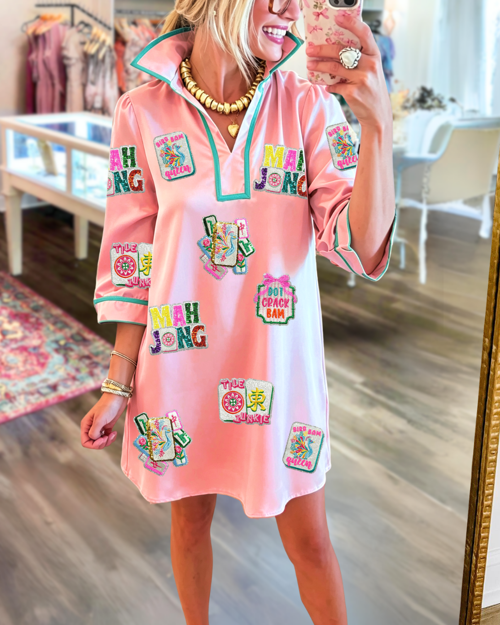 Mixed Mahjong Sequin V-neck Dress