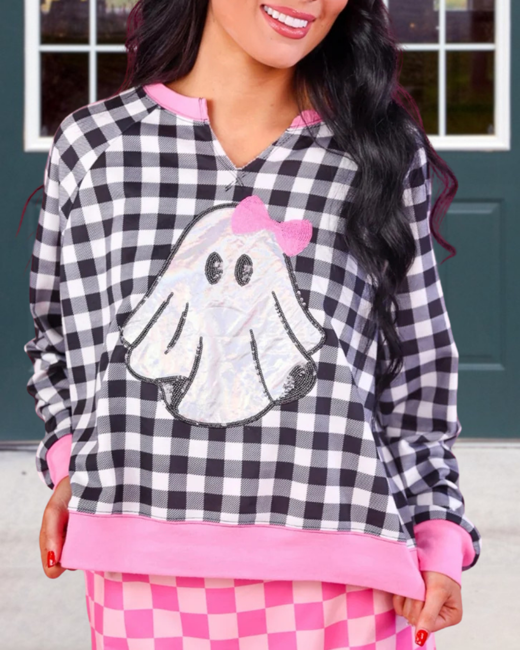 Sequin Bow Ghost Plaid Top