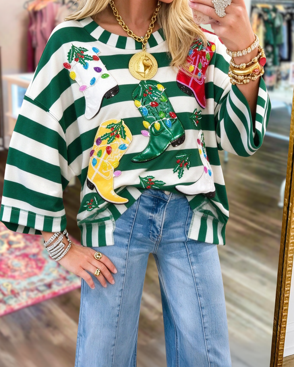 Colorful Cowboy Boots Striped Sequin Top