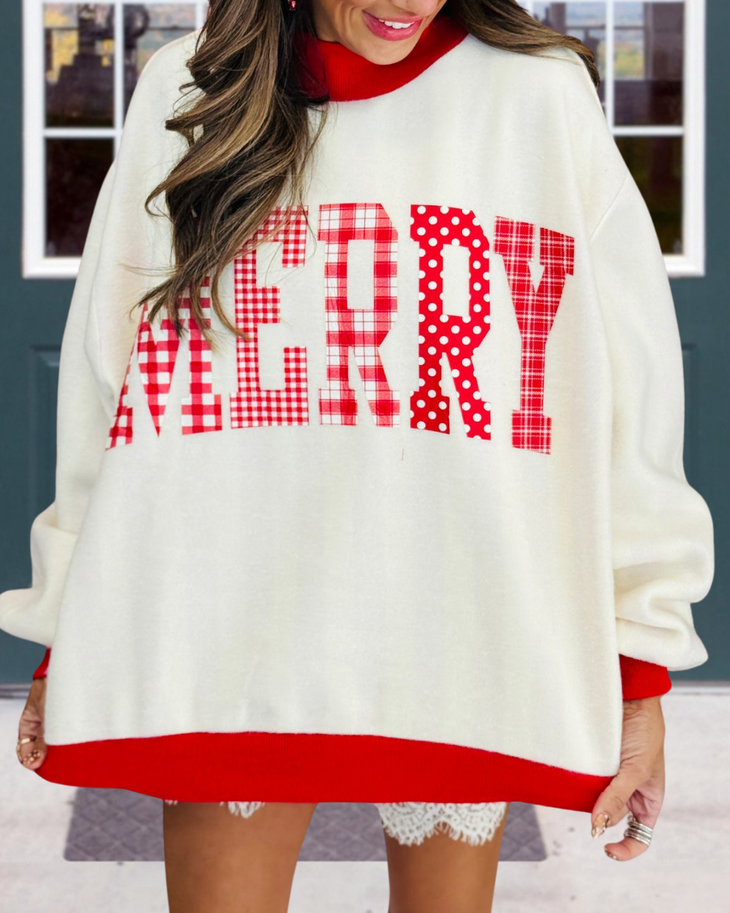 Merry Letter Patch Stripe Reversible Pullover