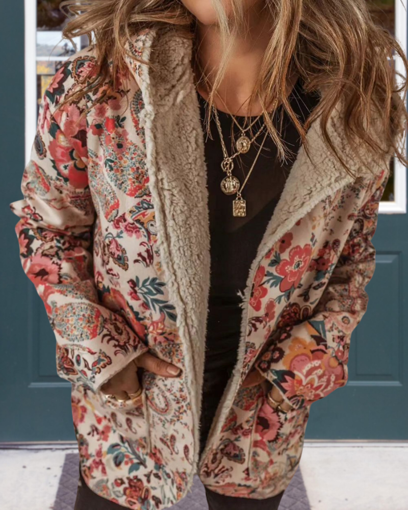 Floral Plush Print Double Layer Hooded Coat