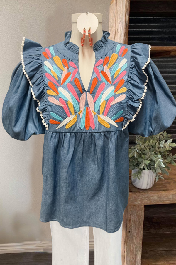 Feather Embroidered Denim Top