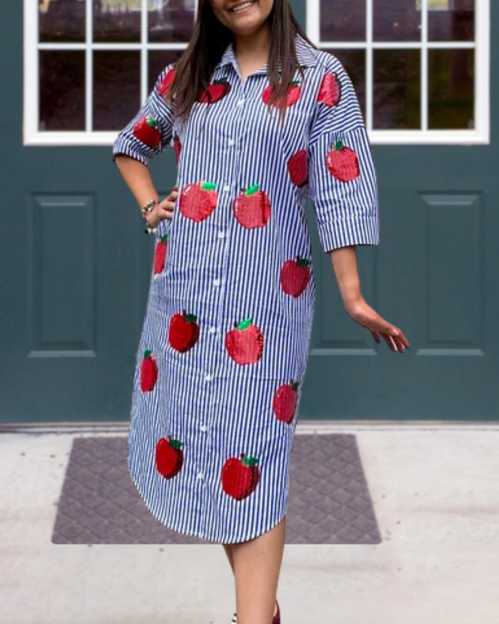 Sequined Apple Striped Shirt Dress