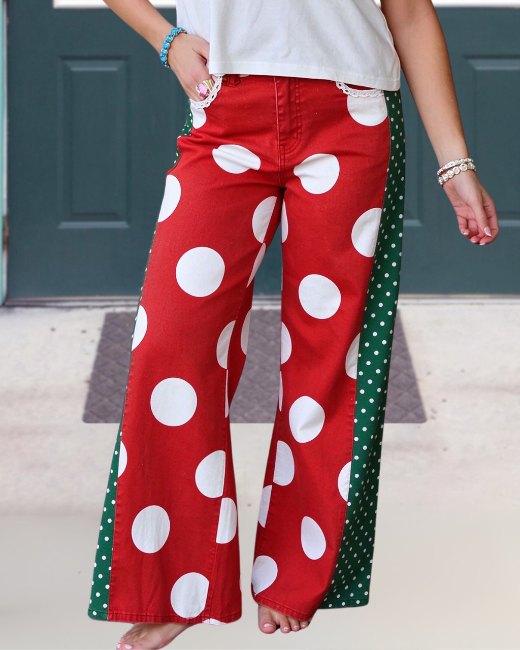 Christmas Polka Dot Patchwork Wide-Leg Pants