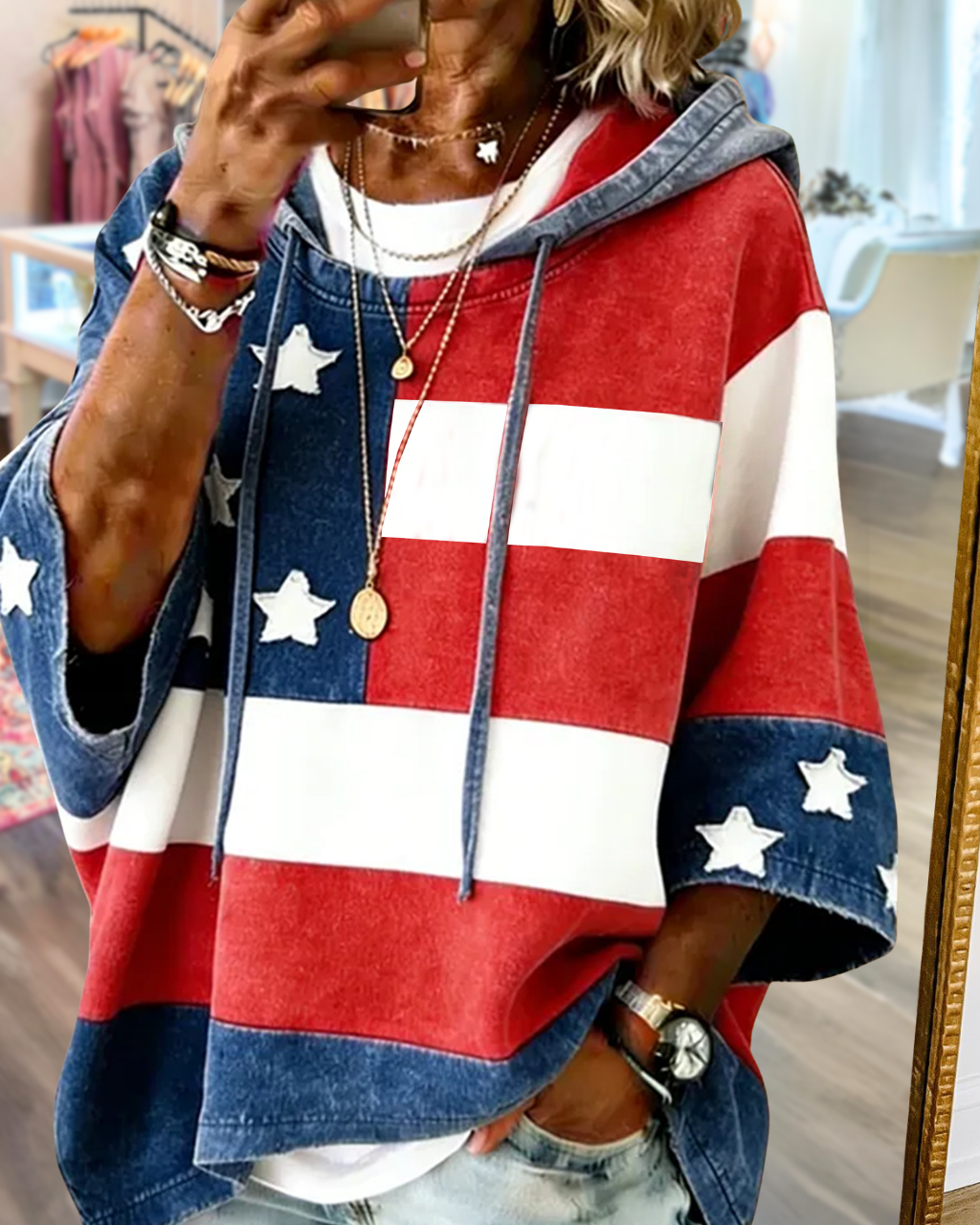 Oversized Flag Star Washed Denim Hoodie