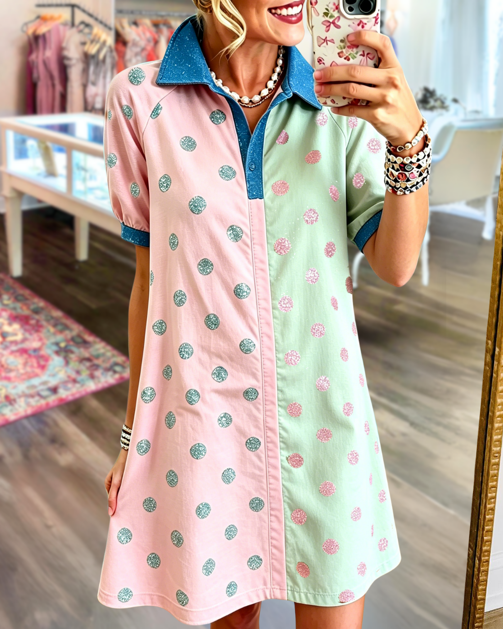 Color-block Polka-dot Dress
