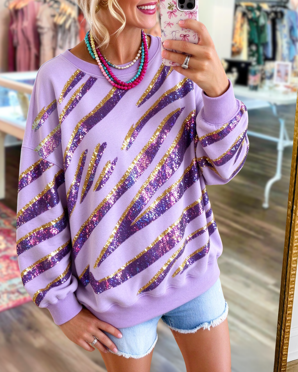 Sparkly Tiger-Stripe Sequin Pullover