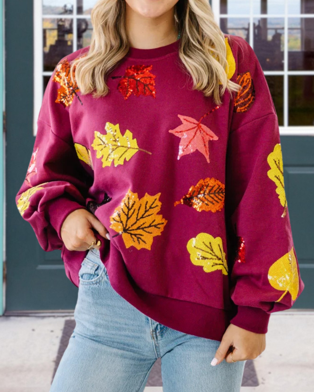 Maple Leaf Sequin Crew-Neck Sweatshirt