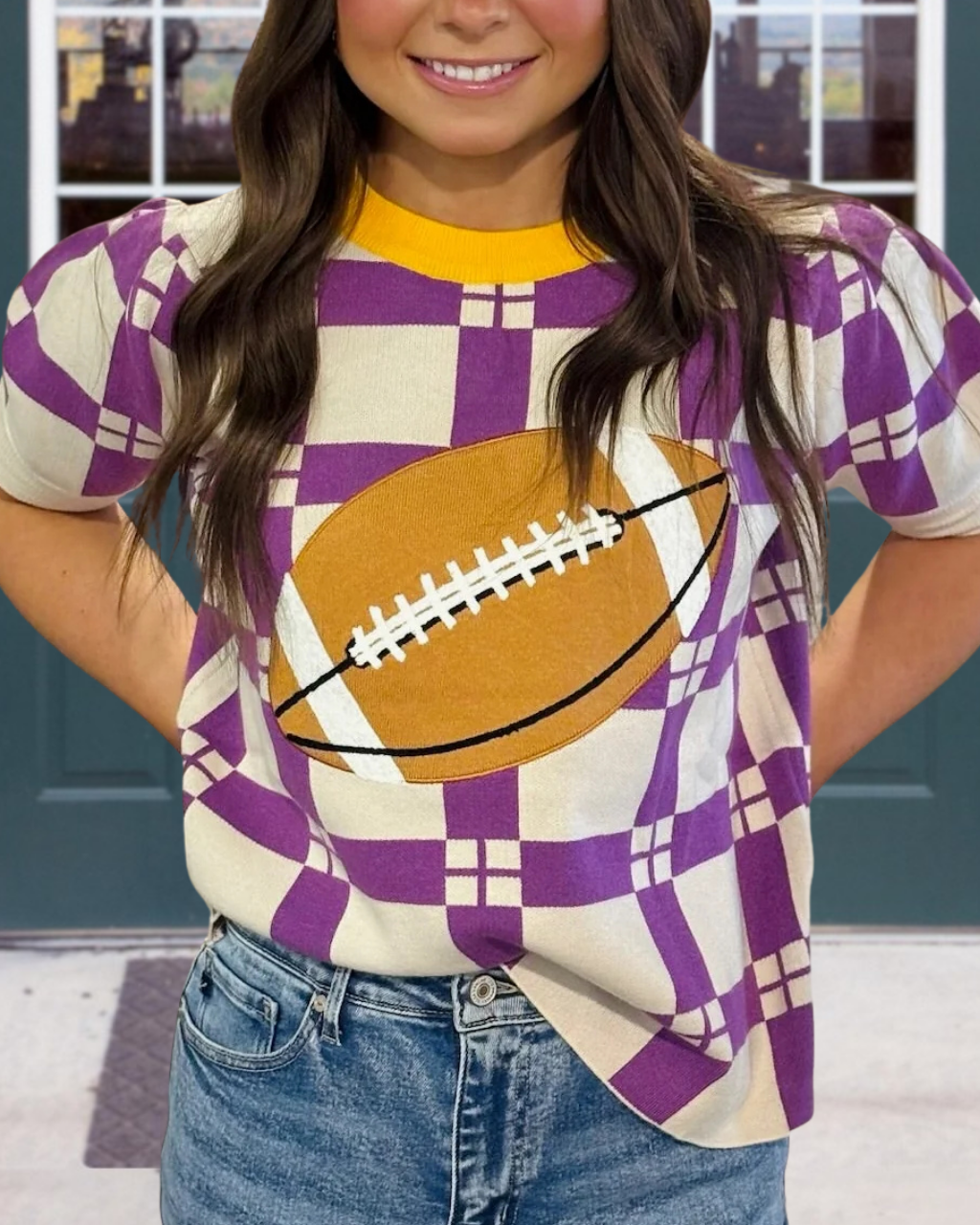 Football-embroidered Checkered Top
