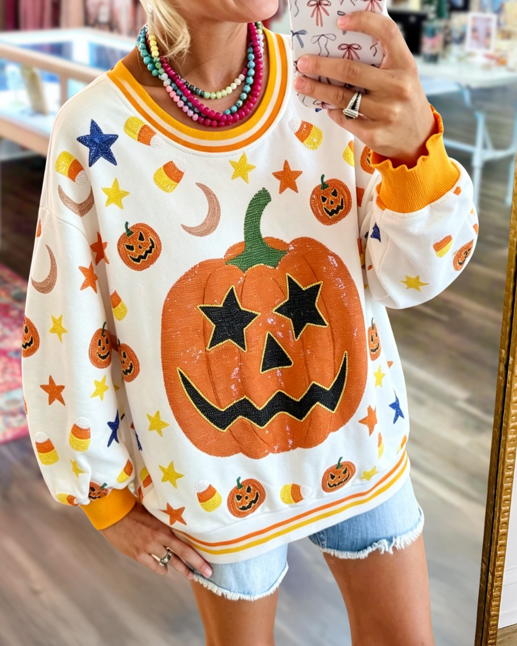 Halloween Pumpkin Star Candy Sequin Pullover