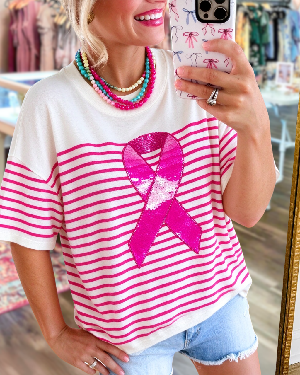 Striped Ribbon Sequined T-shirt