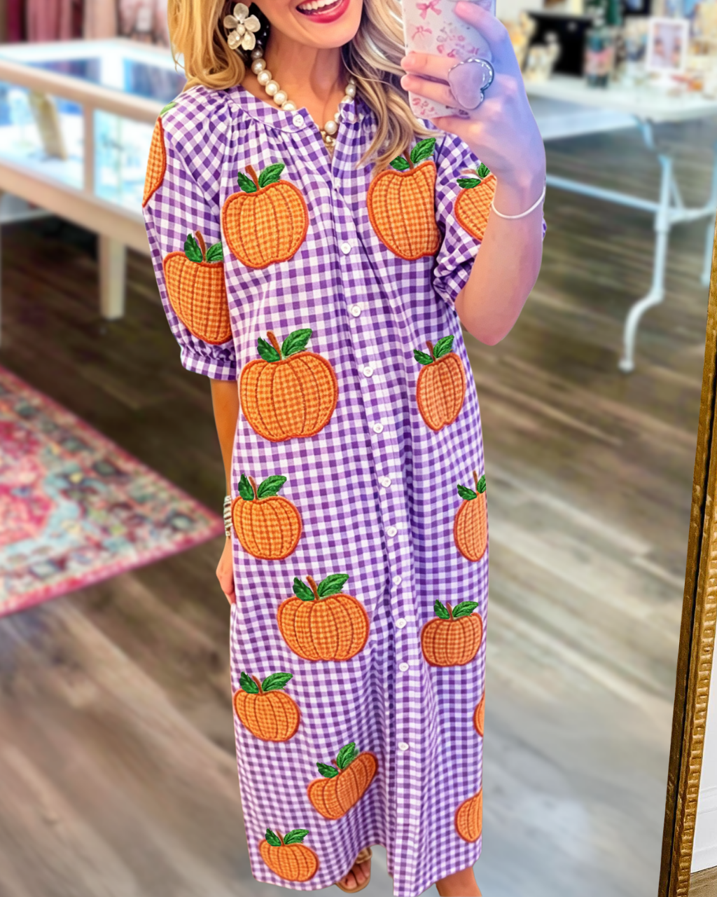 Pumpkin Sequined Plaid Shirt Dress