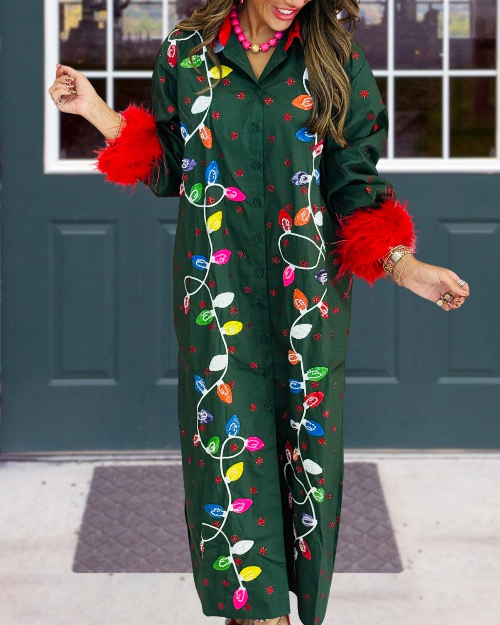 Colorful Christmas Lights Feather Satin Shirt Dress