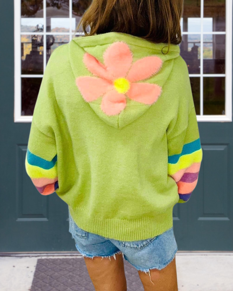 Flower Embroidered Knitted Pullover Hoodie