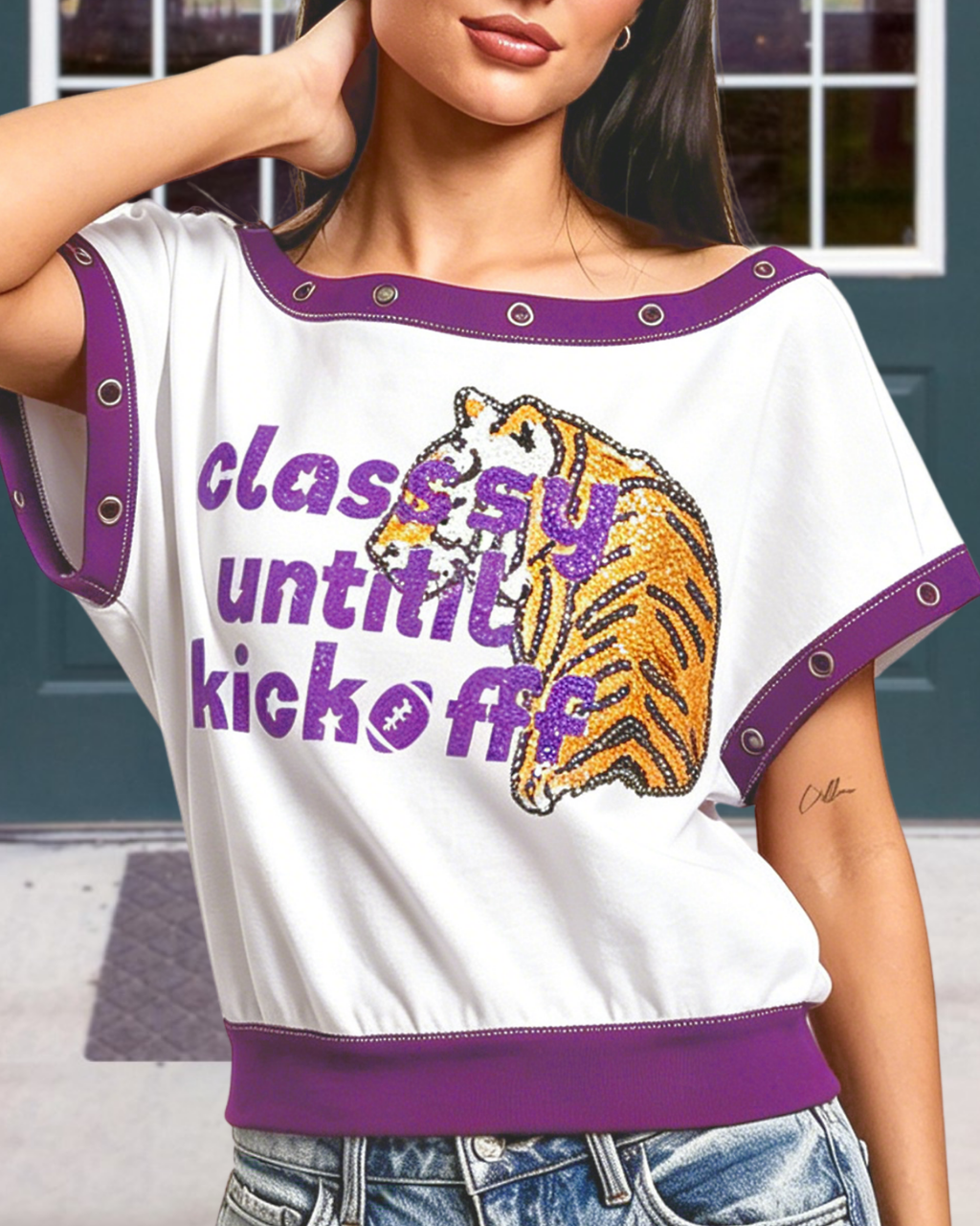 Tiger Kick-off Print Studded Top