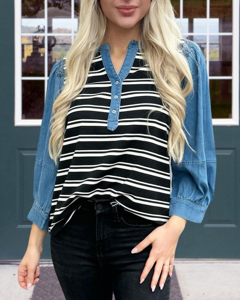 Denim striped V-neck top