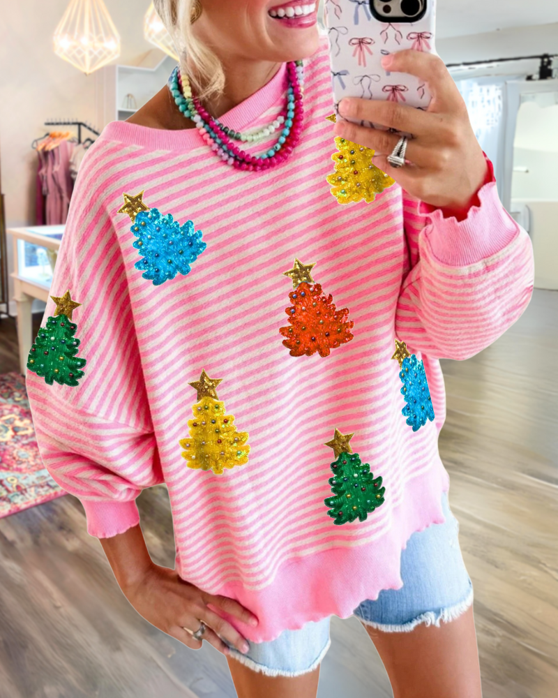 Colorful Christmas Tree Sequin Striped Sweatshirt