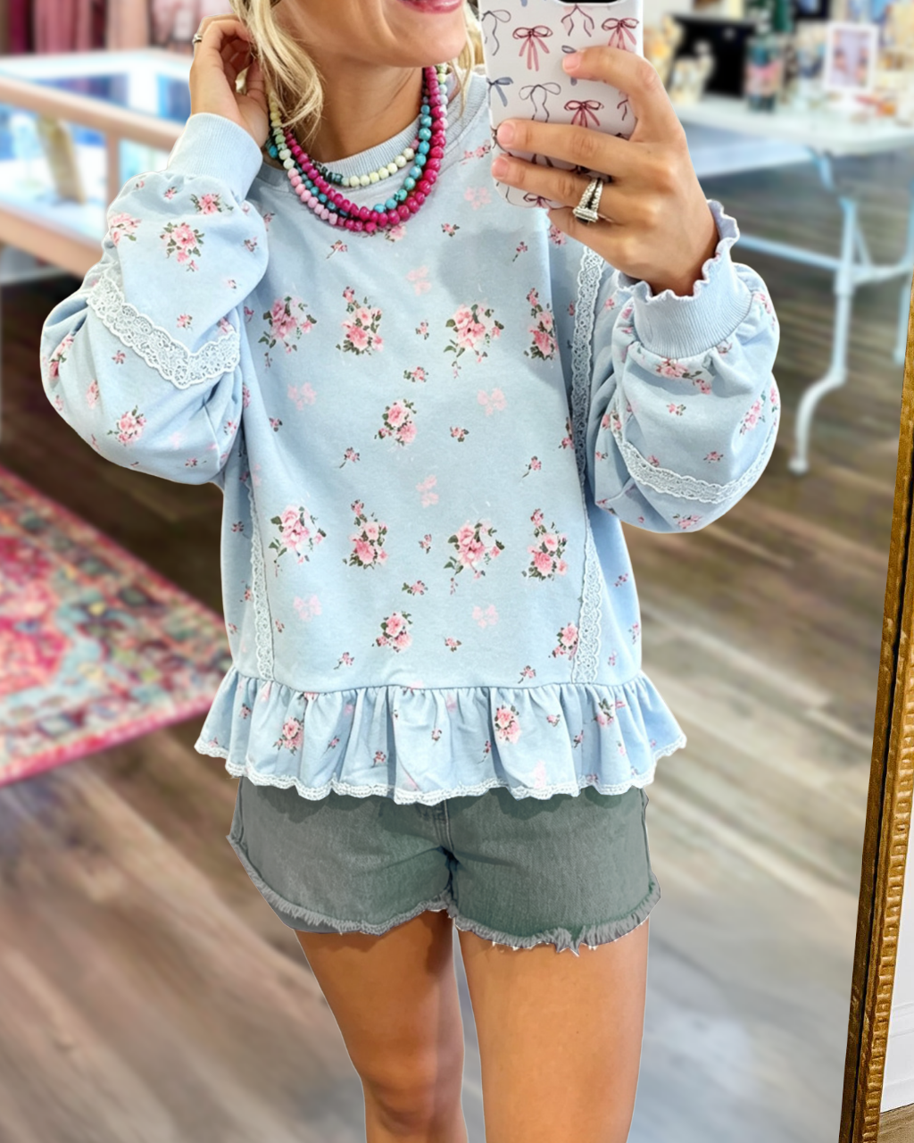 Lace Trimmed Floral Pullover