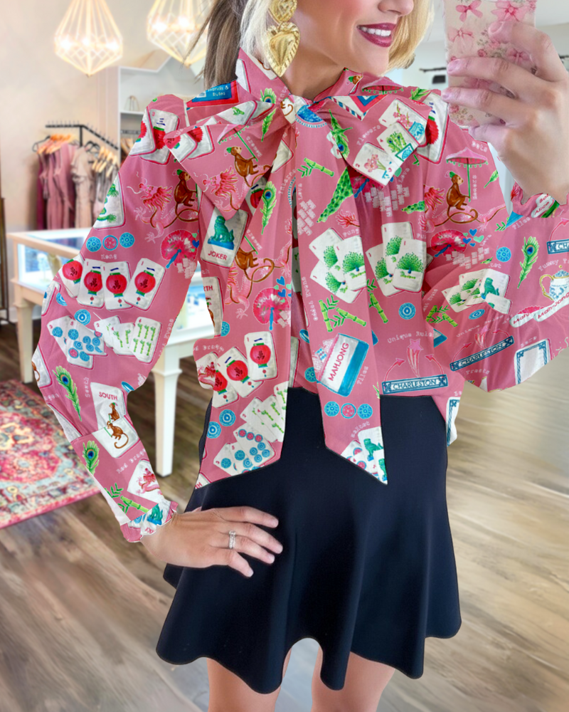 Elegant Bow Mahjong Satin Blouse