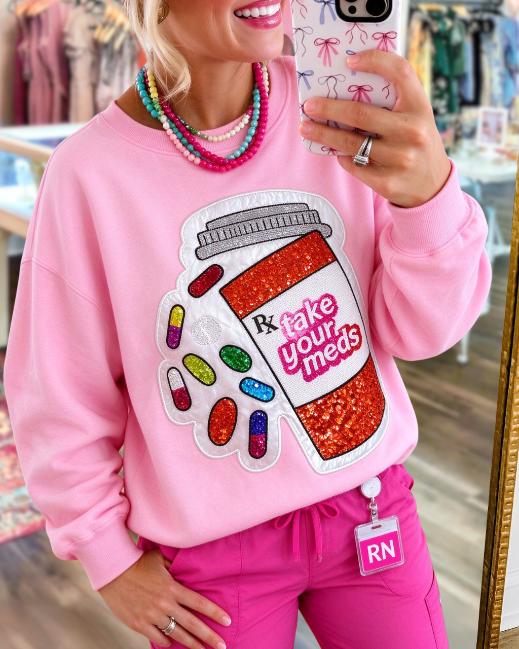 Take Your Meds Pill Bottle Sequin Pullover