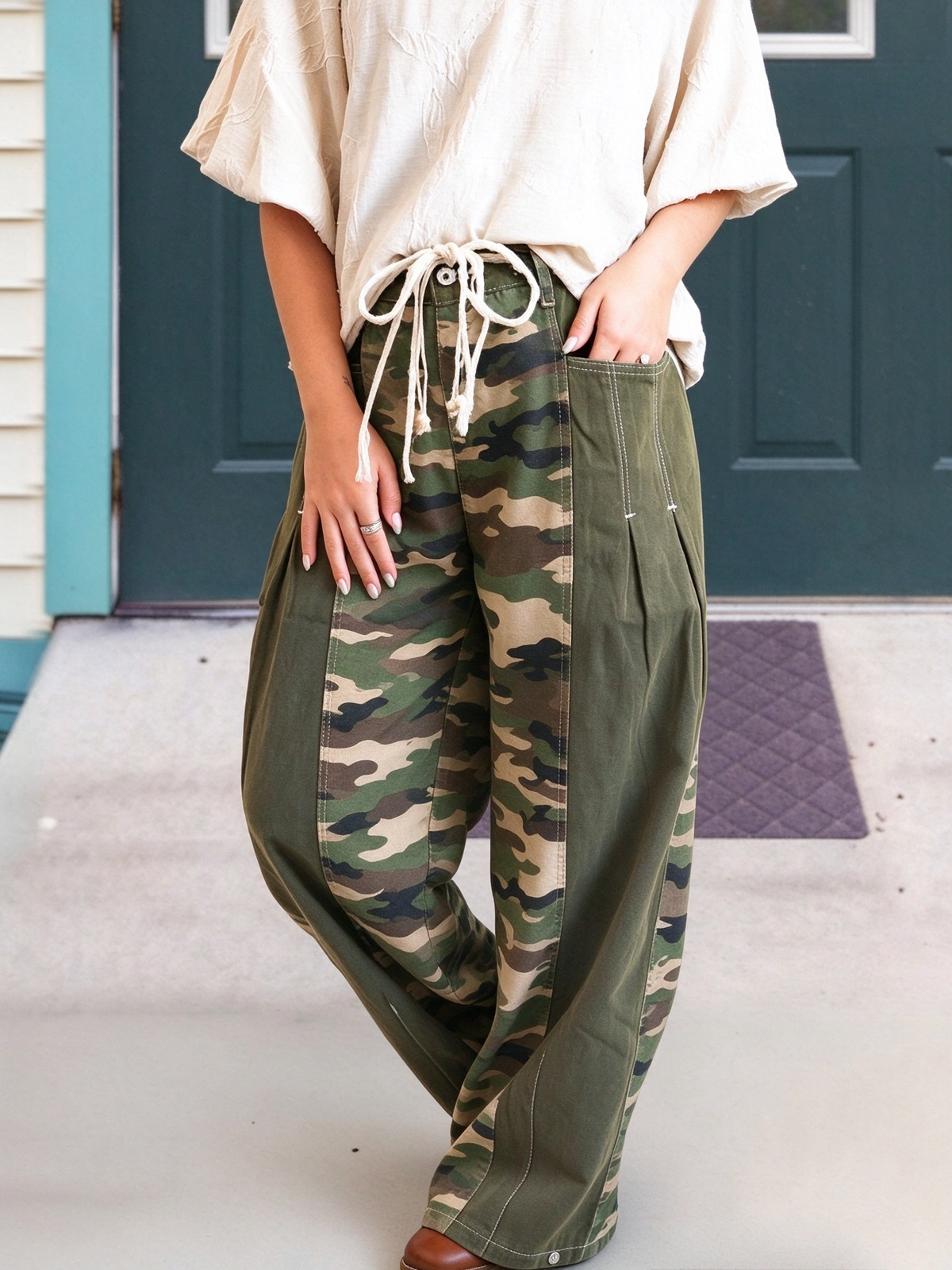 Camouflage Patchwork Drawstring Cargo Pants