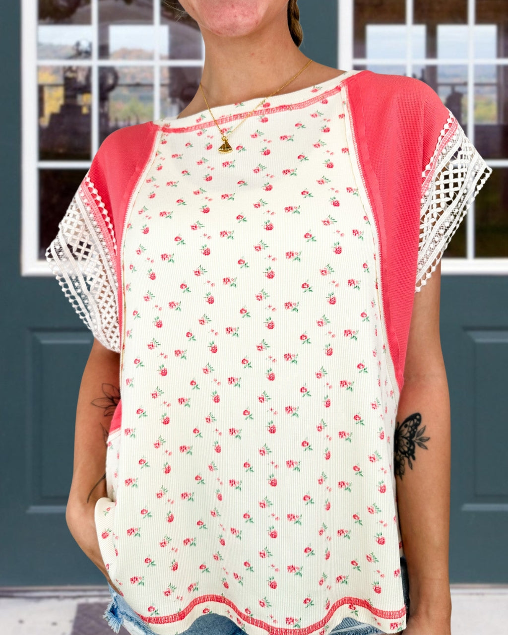 Floral Lace-trimmed Ribbed Top