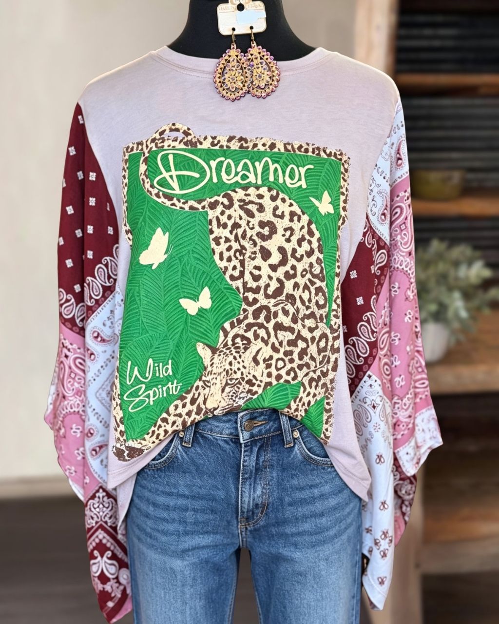 Dreamer Cheetah Patchwork Sleeve Top