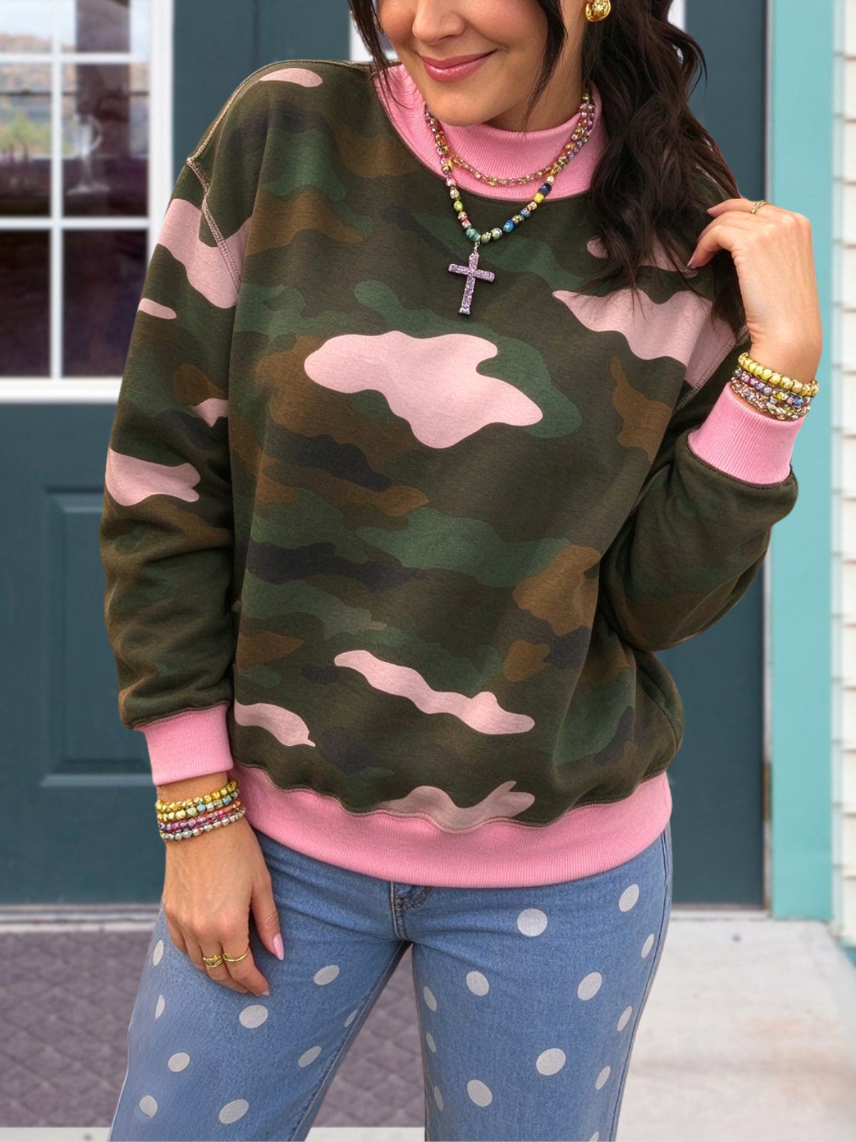 Camouflage Colorblock Turtleneck Pullover