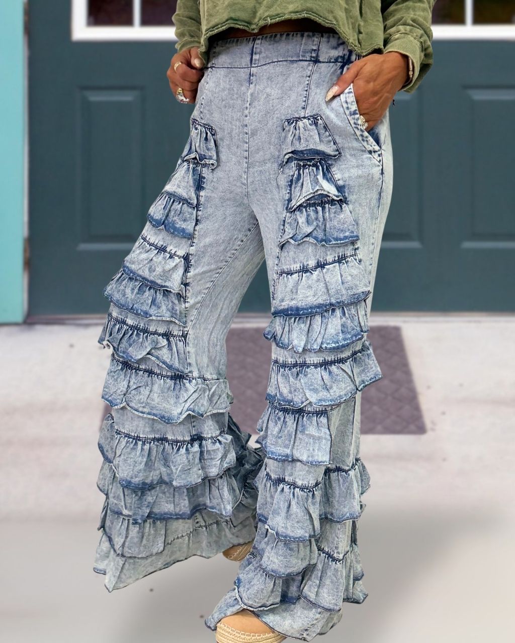 Multi Layer Ruffle Flared Jeans