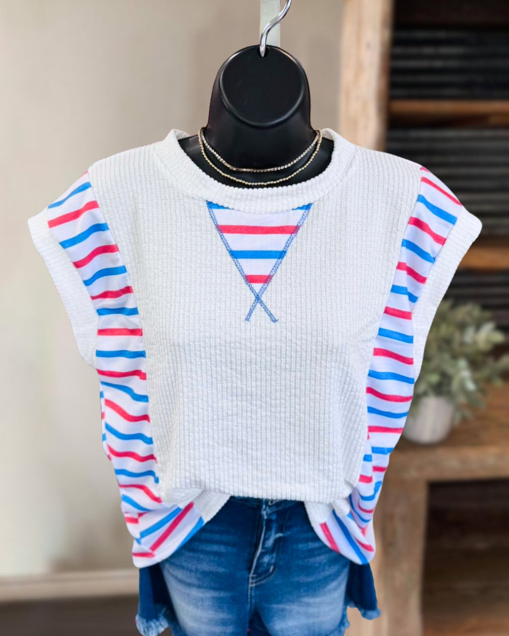 Striped Patchwork Flutter Sleeve Top