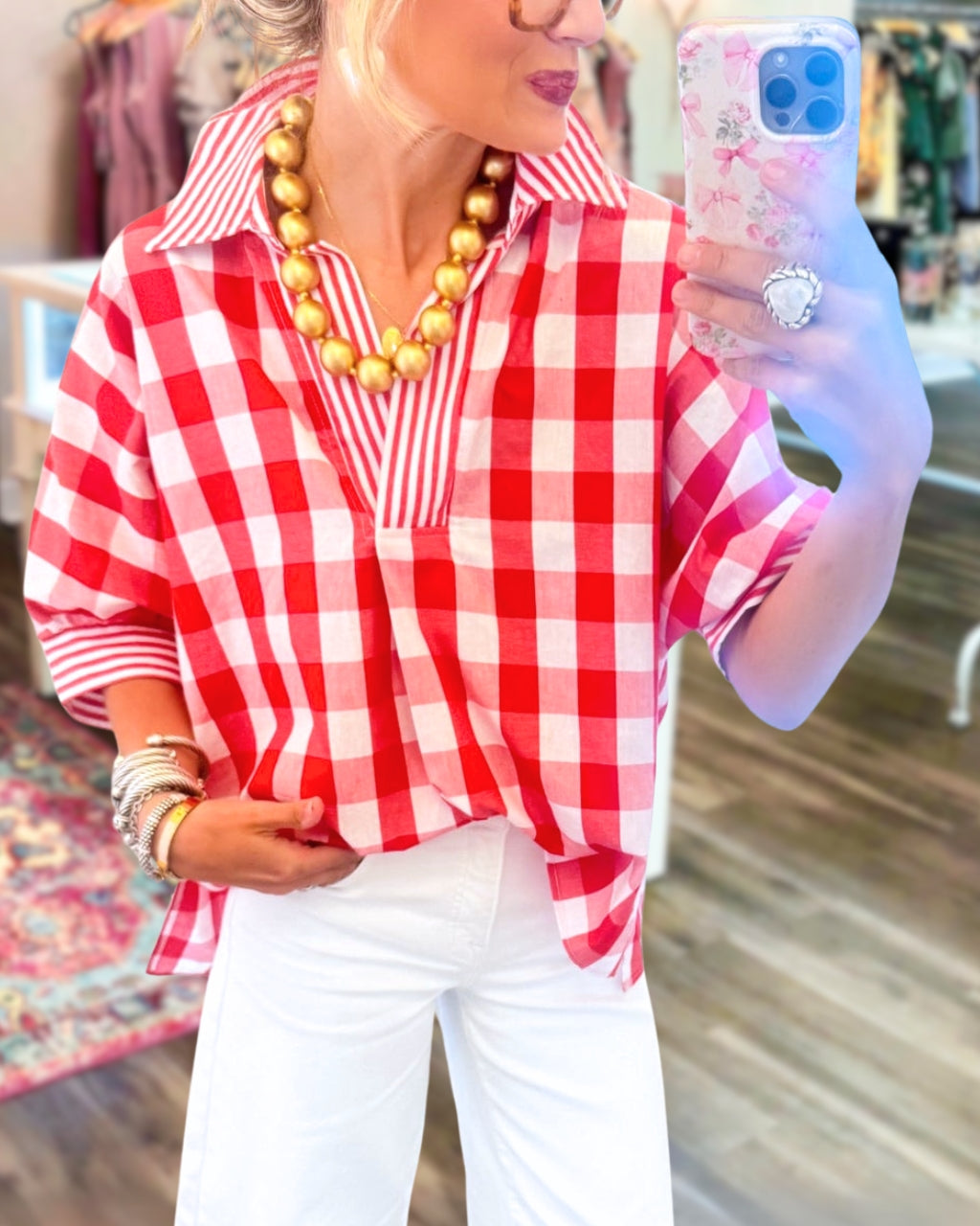 Striped-trimmed V-neck Plaid Top