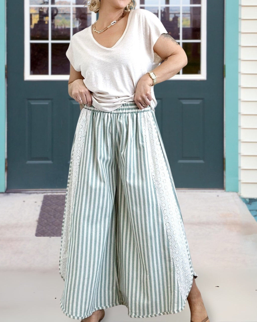 All Day Lace Trim Stripe Pants