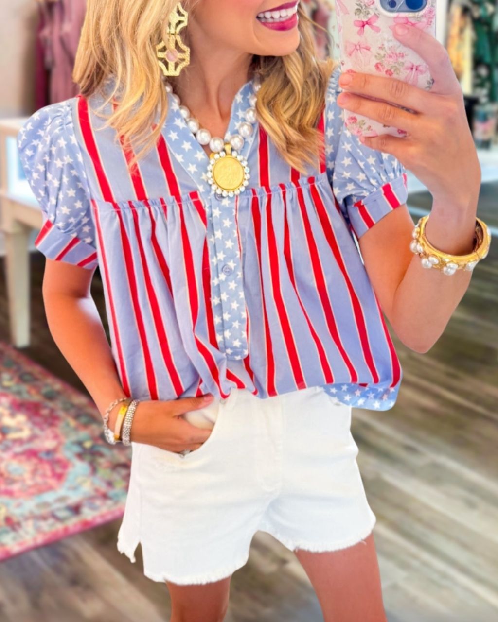 Striped Star Half-Button Top