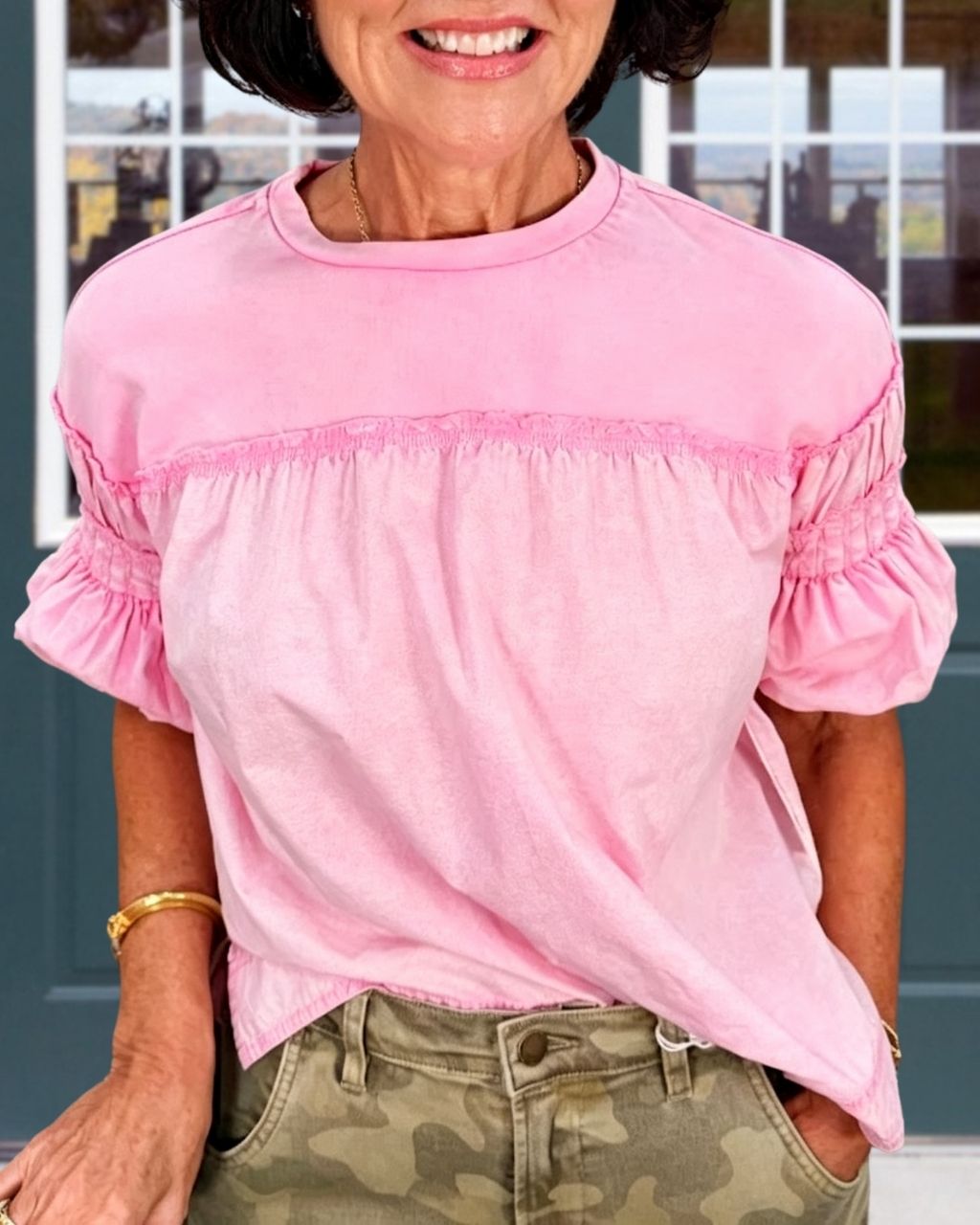 Patchwork Ruched Puff Sleeve Top