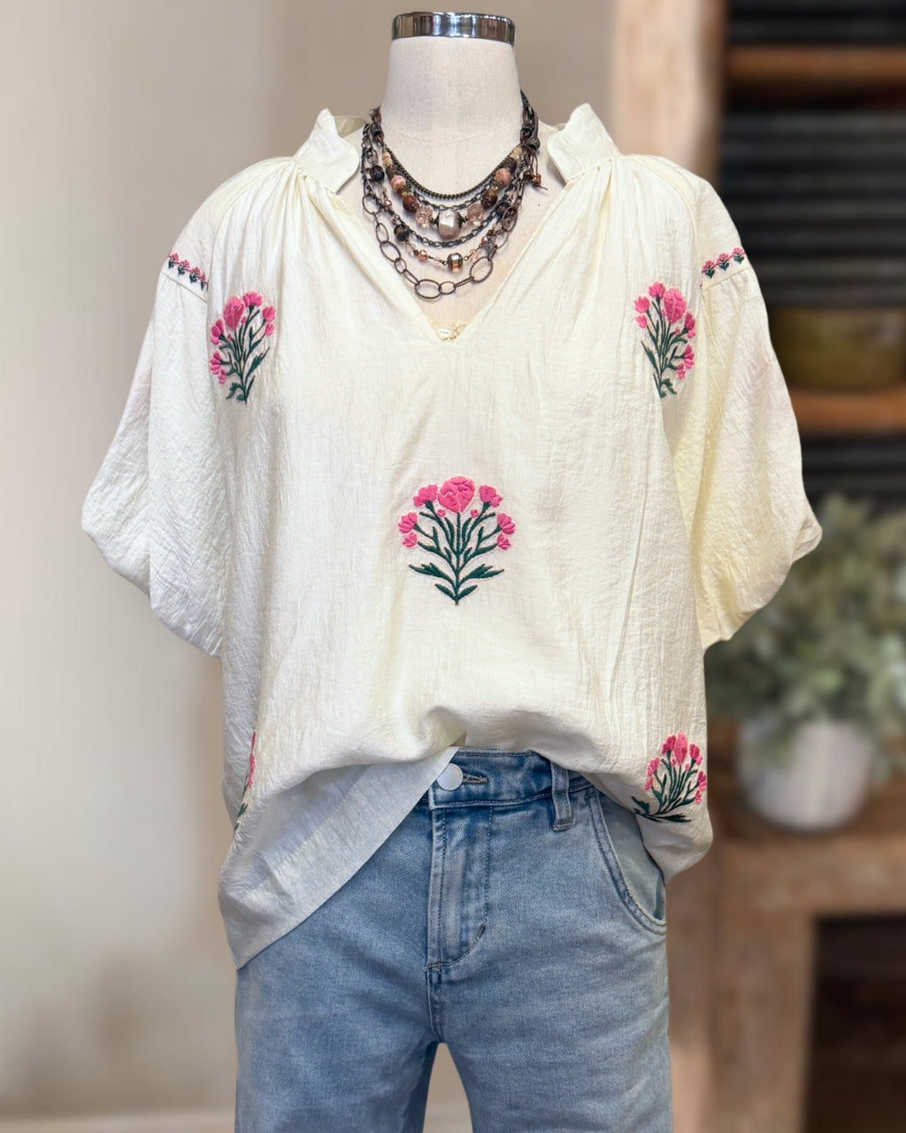 Elegant Floral Embroidered V-neck Top