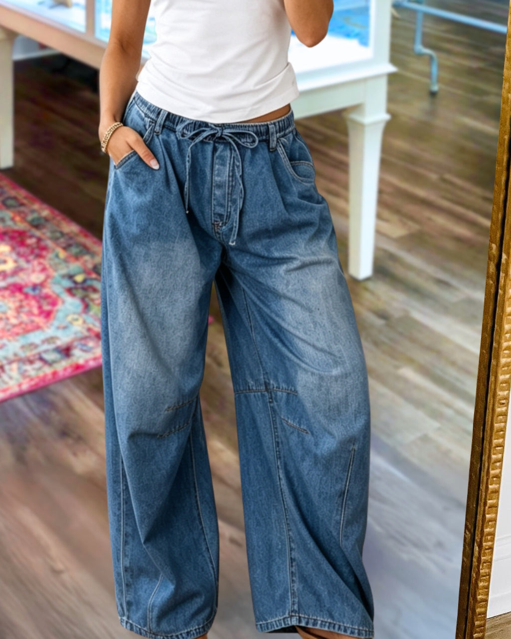 Elastic Waist Wide-leg Denim Pants