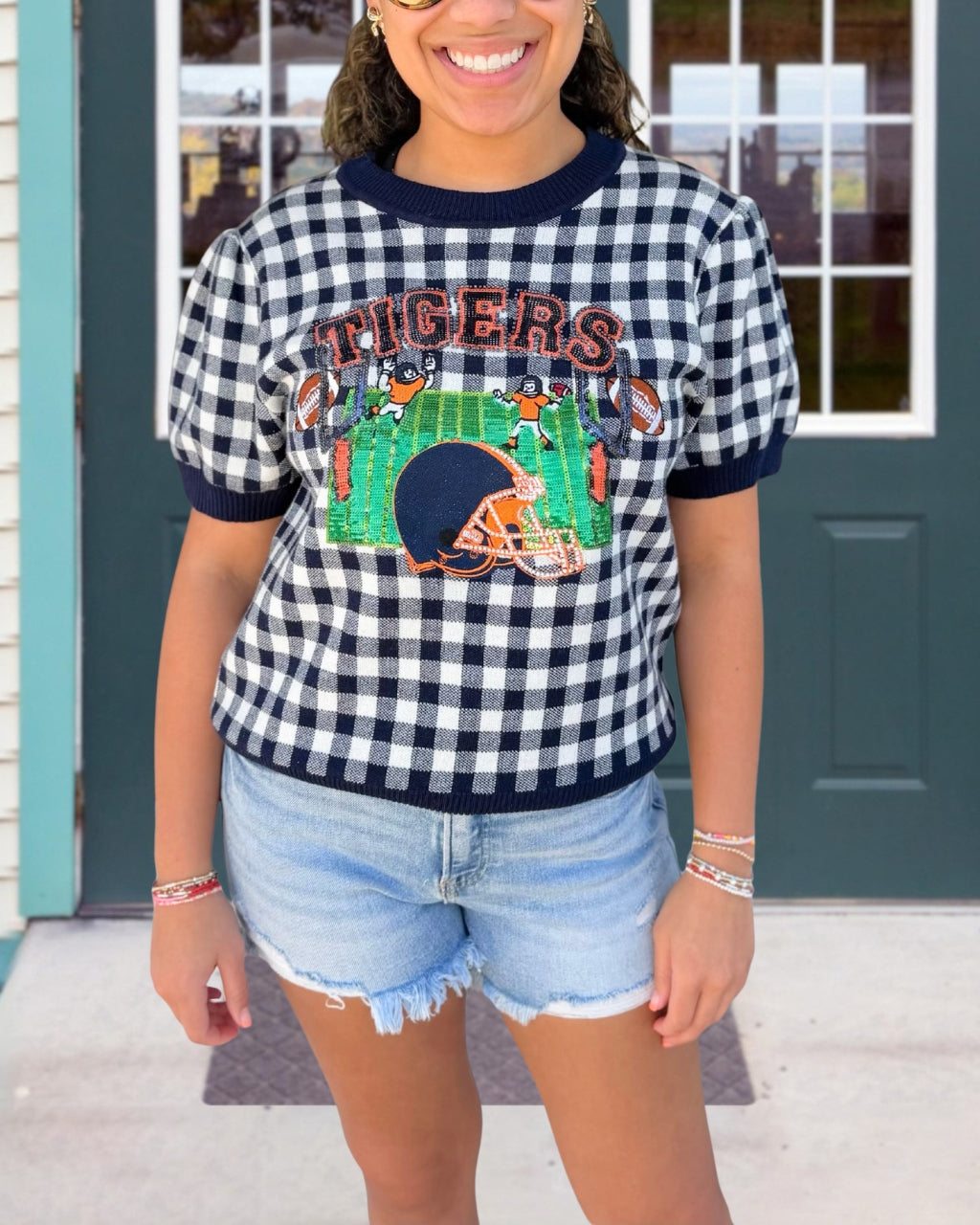 Game Day Heritage Gingham Tiger Sequin Top