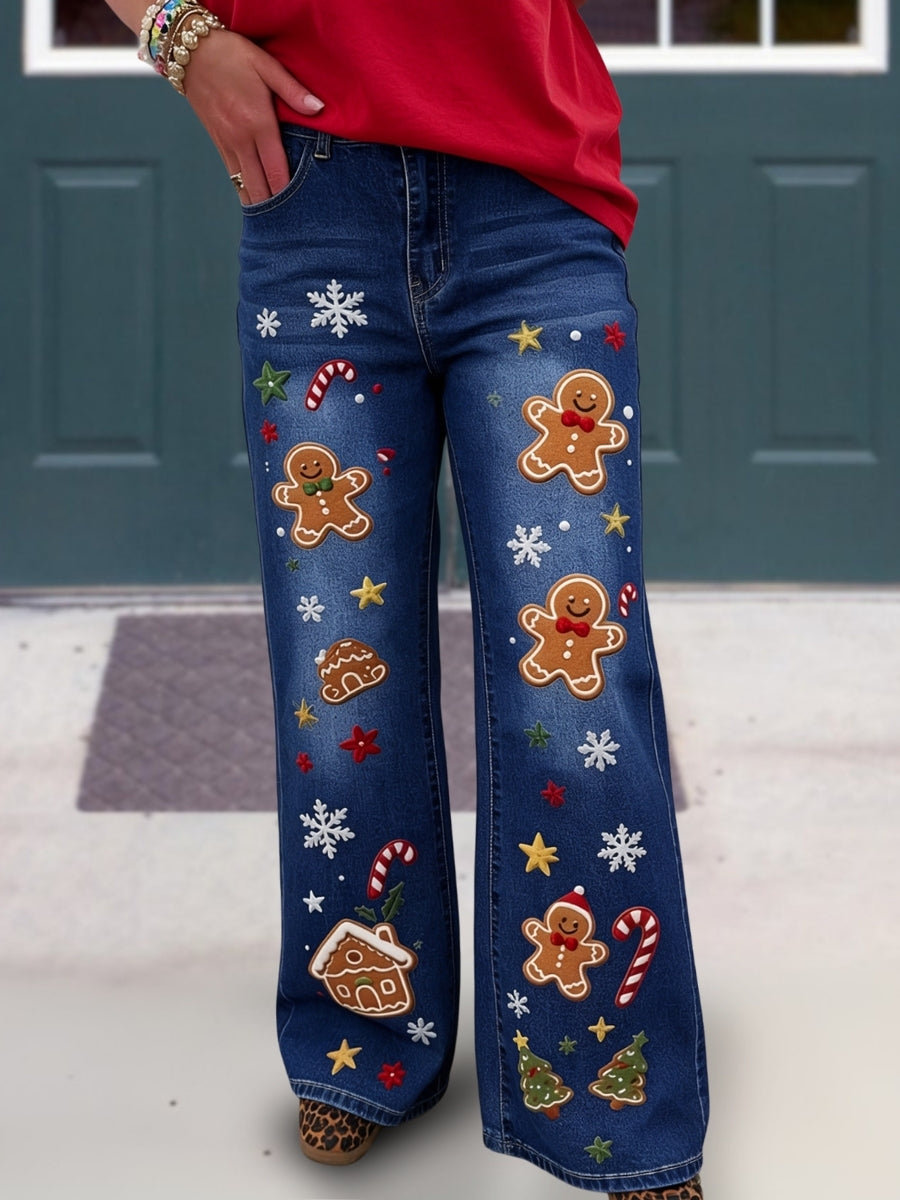 Christmas Gingerbread Man Embroidered Jeans