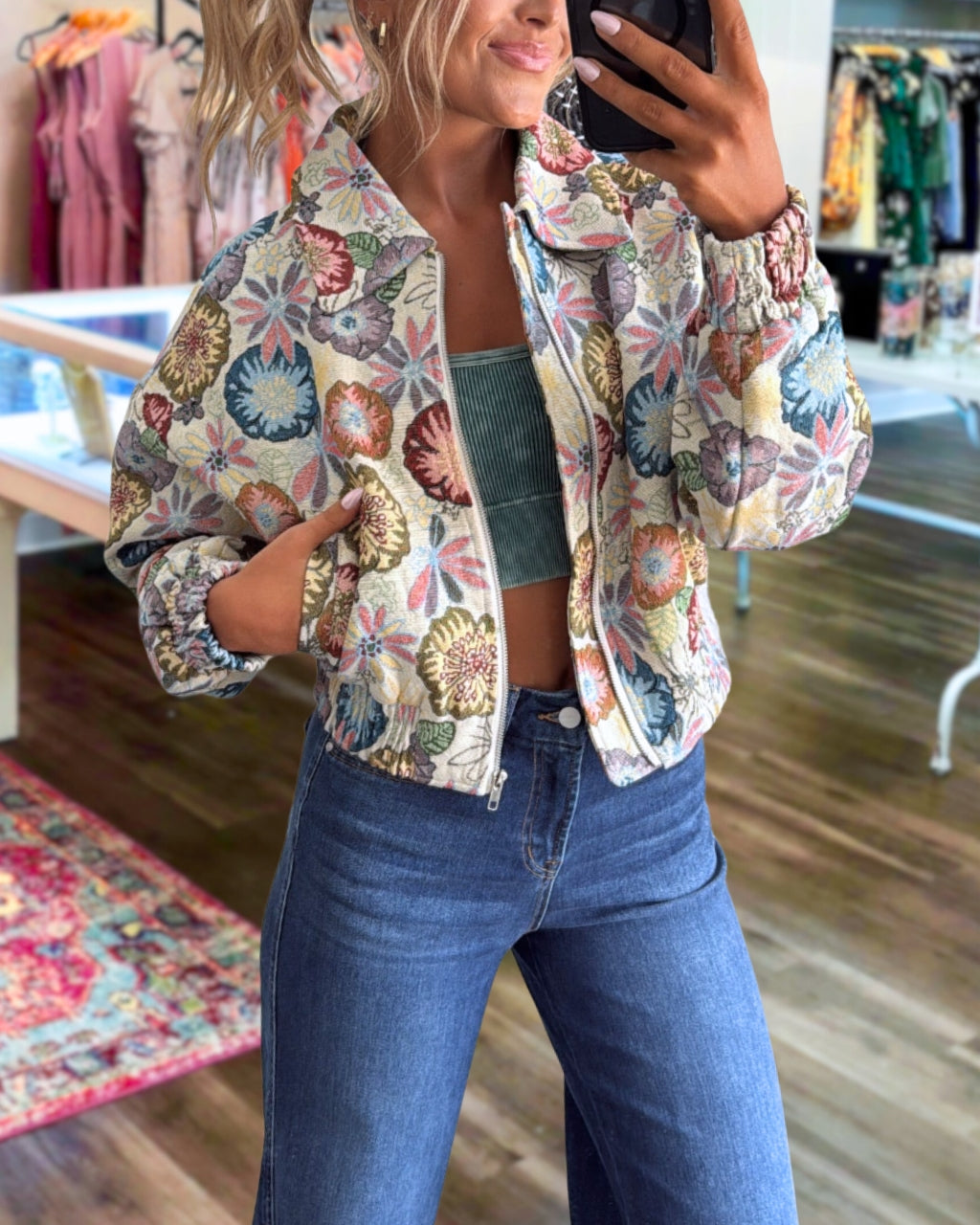 Retro Floral Tapestry Cropped Jacket