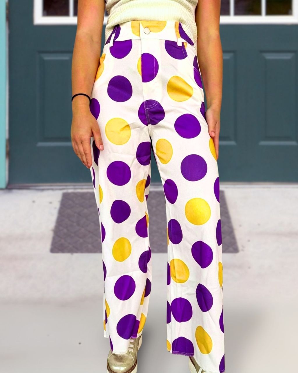 Game Day Purple Gold Polka Dot Printed Pants