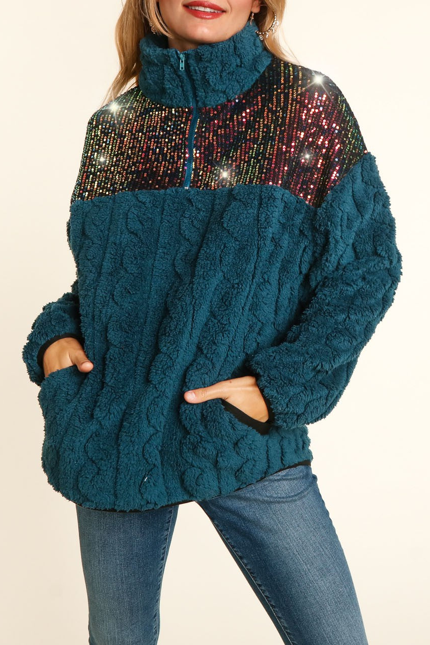 Sequined Textured Plush Pullover