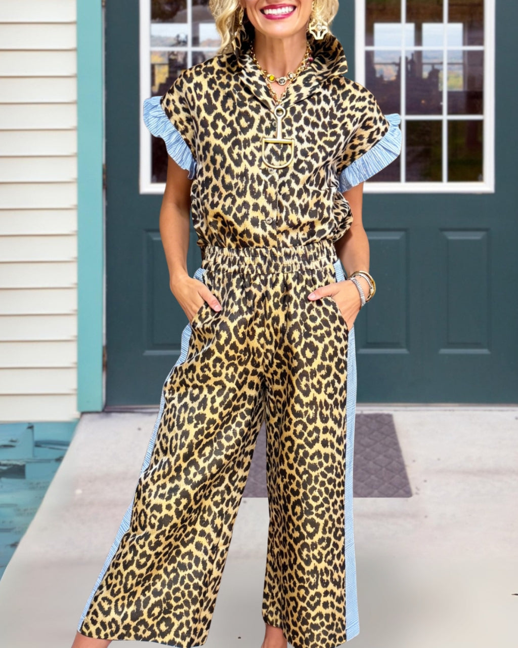 Contrasting Ruffle Trim Leopard Satin Set