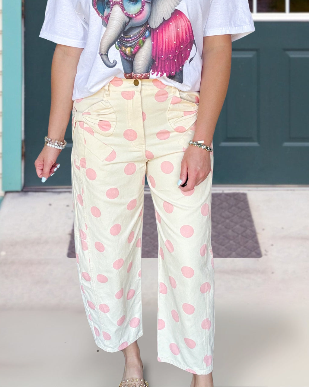 Bow Pockets Polka-Dot Pants