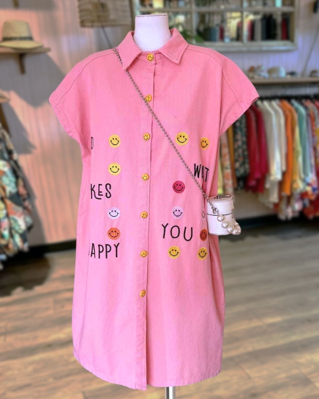 Smiley Face Embroidered Shirt Dress