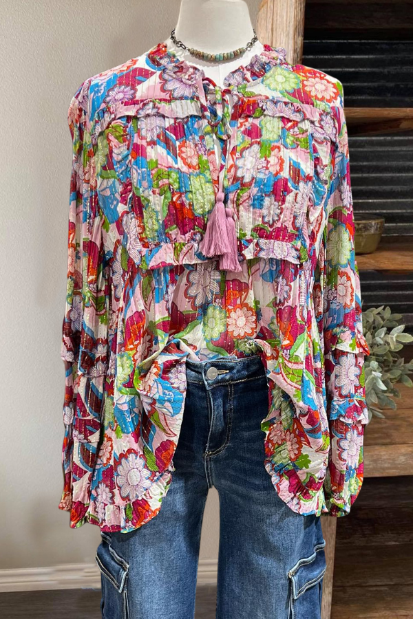 Colorful Floral Pleated Ruffle Blouse