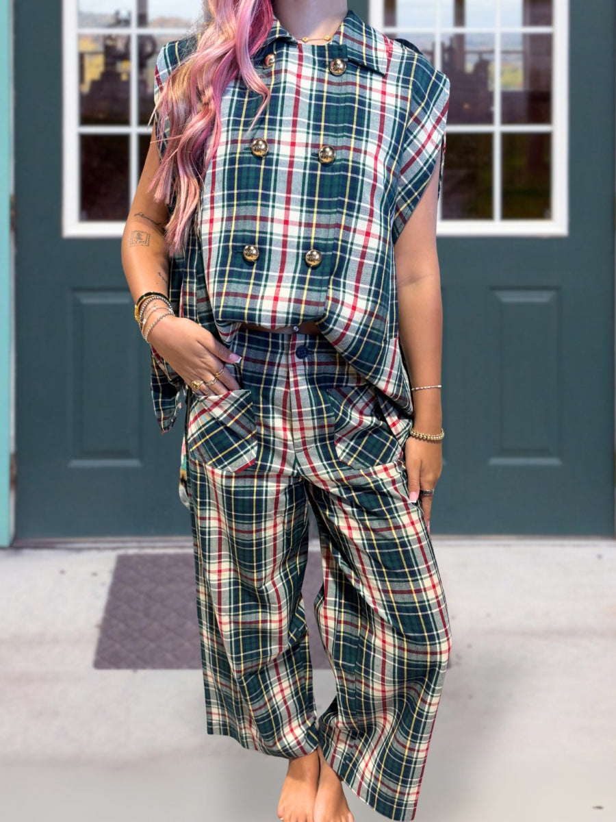 Retro Plaid Double-Breasted Set