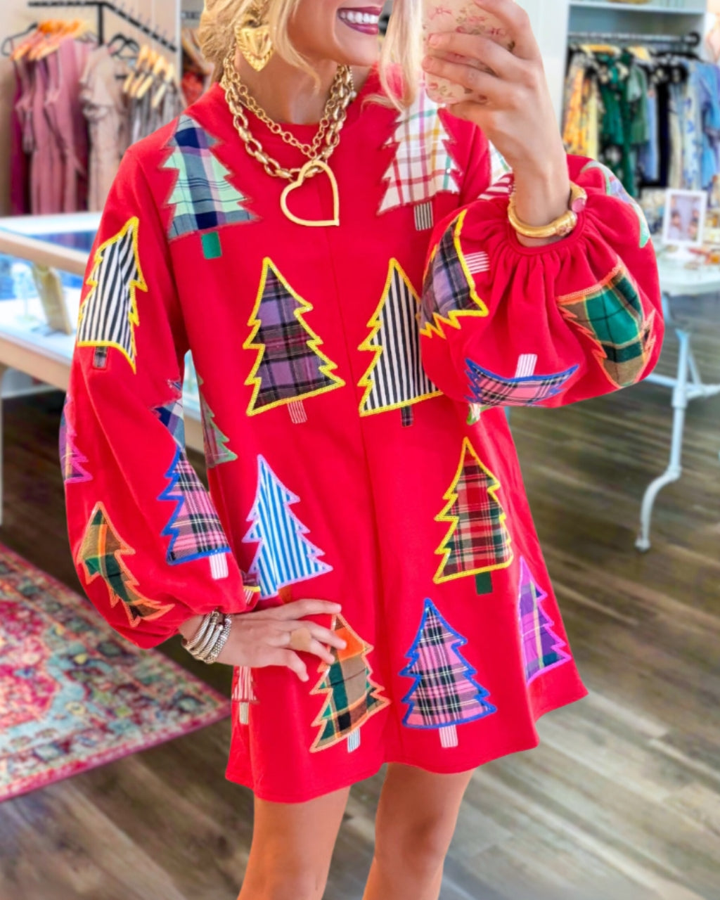 Chic Christmas Tree Embroidered Patch Dress