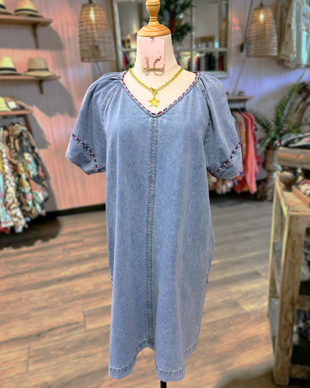 Striped Embroidered-Trim Denim Dress