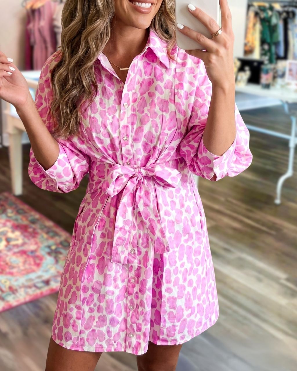 Charming Leopard Satin Shirt Dress
