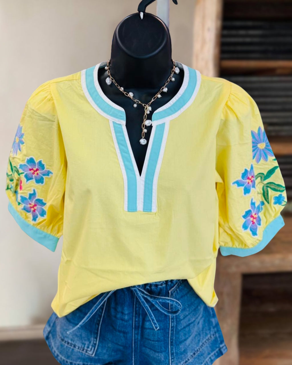 Floral-embroidered Puff-sleeve Top